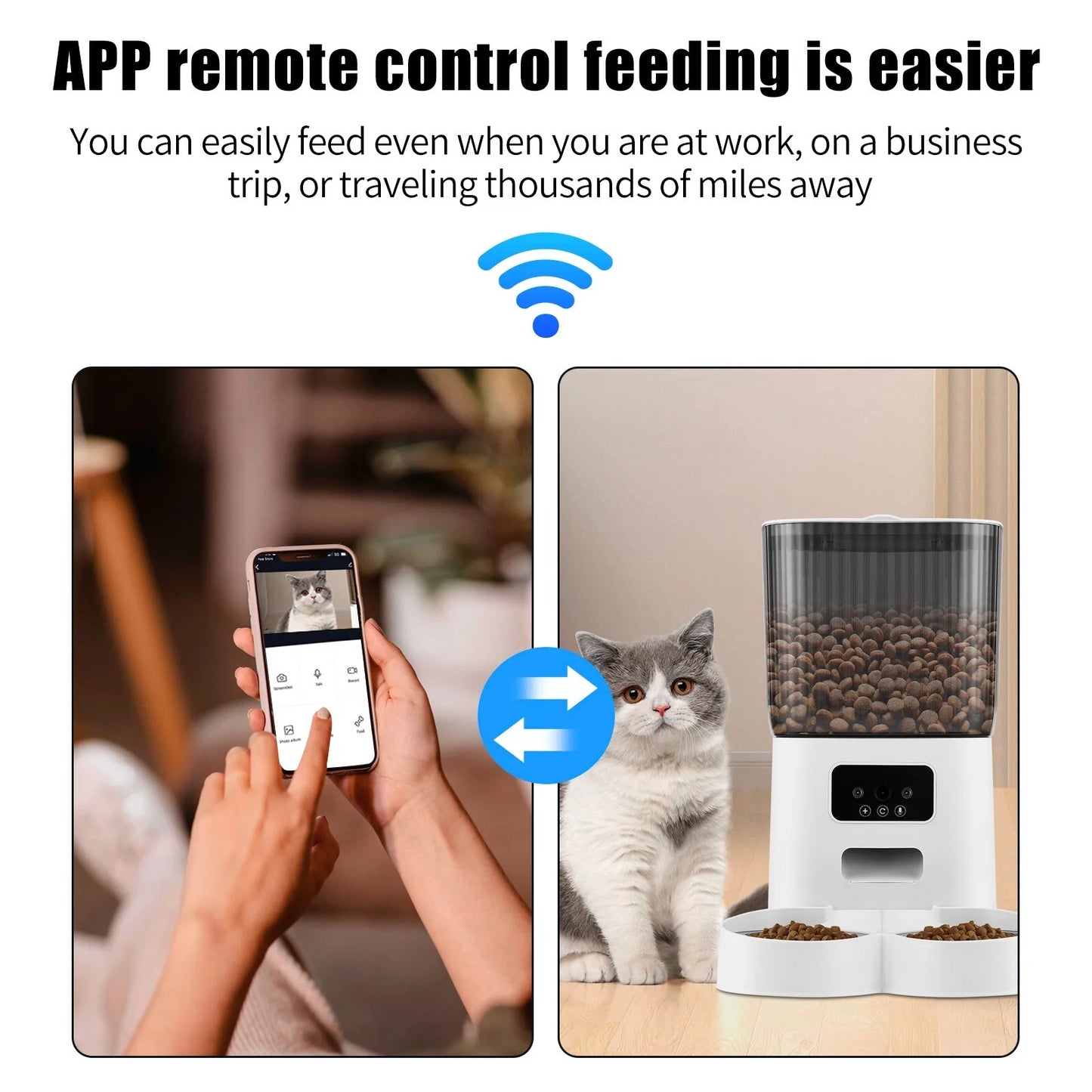 Automatic Pet Feeder with Camera for 2 Pets, 1080P Camera 5L Cat Feeder with 2 Stainless Steel Bowls, Two Way Talk, Remote APP Control Support 2.4G Wifi