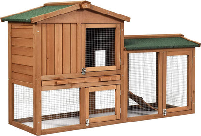 Rabbit Hutch Indoor and Outdoor, 58-Inch Bunny Cage with Removable Tray & Ramp, Wood Chicken Coop with Waterproof Roof for Rabbits, Chicken and Guinea Pigs