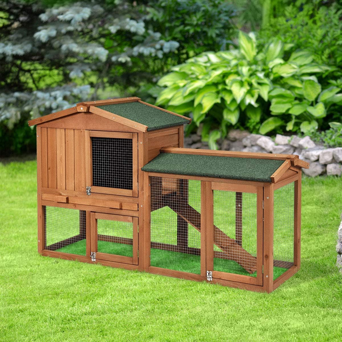 Rabbit Hutch Indoor and Outdoor, 58-Inch Bunny Cage with Removable Tray & Ramp, Wood Chicken Coop with Waterproof Roof for Rabbits, Chicken and Guinea Pigs