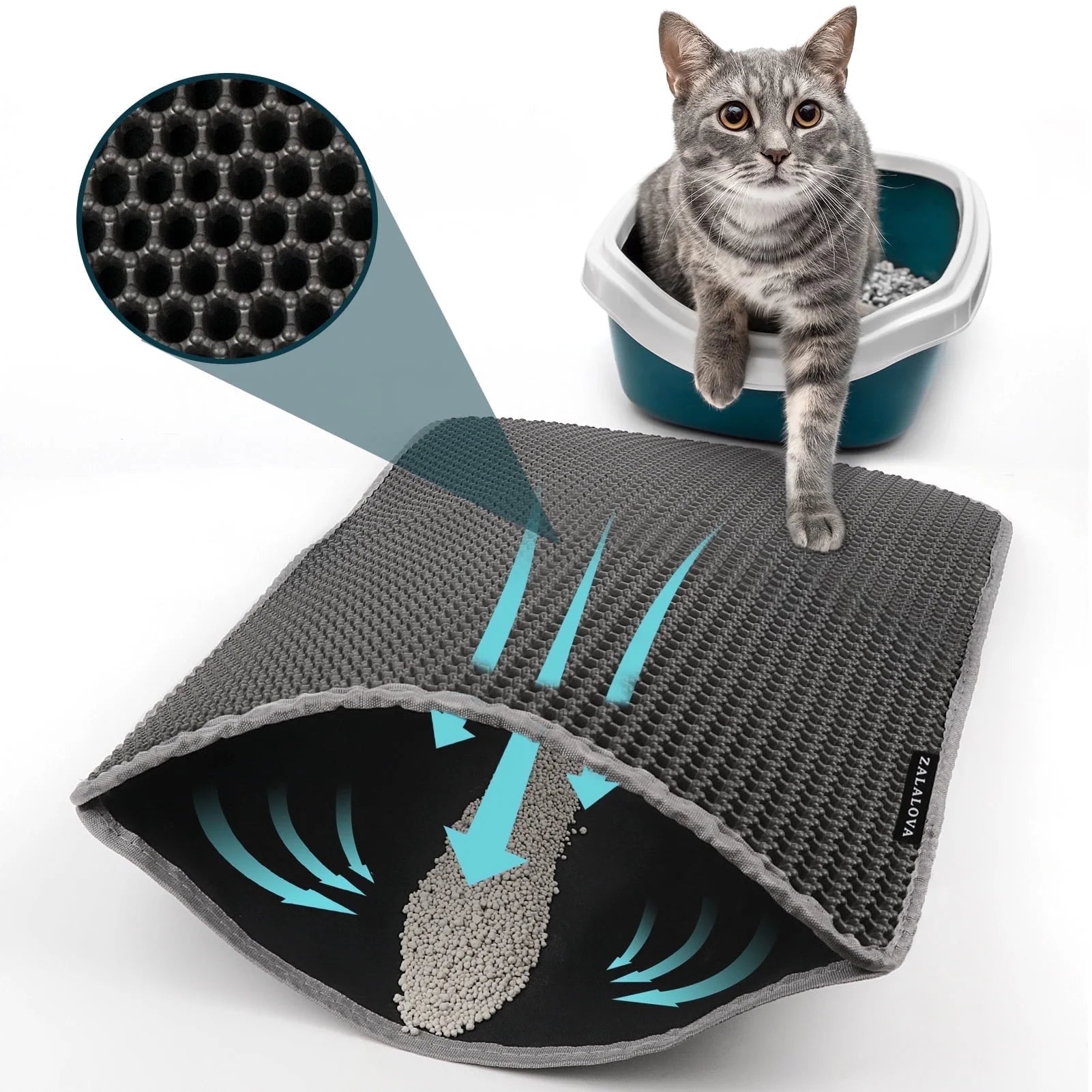 24 X 15 Inch Cat Litter Mat Kitty Litter Trapping Mat, Honeycomb Double Layer Urine Waterproof, Easier to Clean Litter Box Mat, Soft on Paws, Non-Slip（Gray）